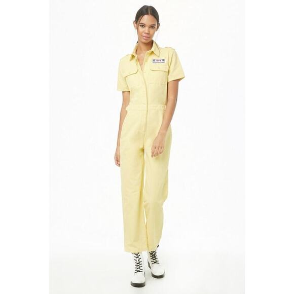 Forever 21 Patch Graphic Utility Jumpsuit Women's Size S Motor House NYC Yellow - Picture 1 of 8